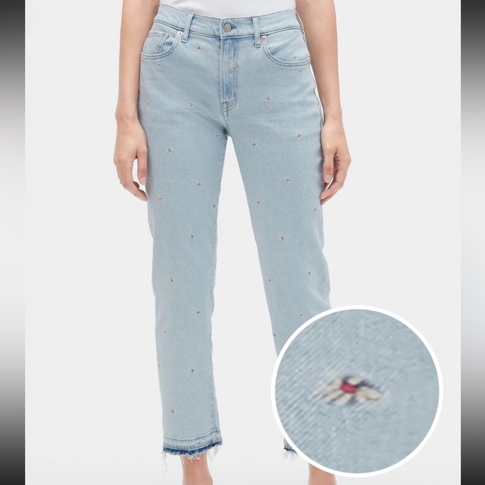 GAP 0/21 Girlfriend Jeans Daisy‎ Flower Embroidered Released Hem High Waist